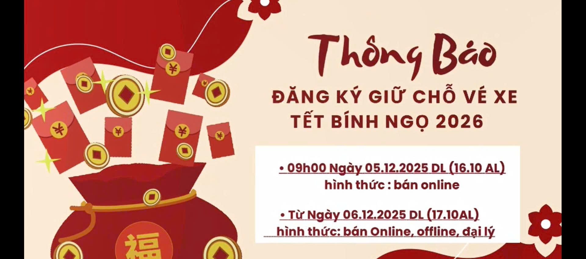 🧧🧧🧧 Thông báo đăng ký giữ chỗ vé xe tết Bính Ngọ 2026 🧧🧧🧧